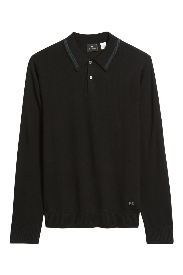 Long Sleeve Tipped Wool Polo Sweater, Alternate, color, BLACK