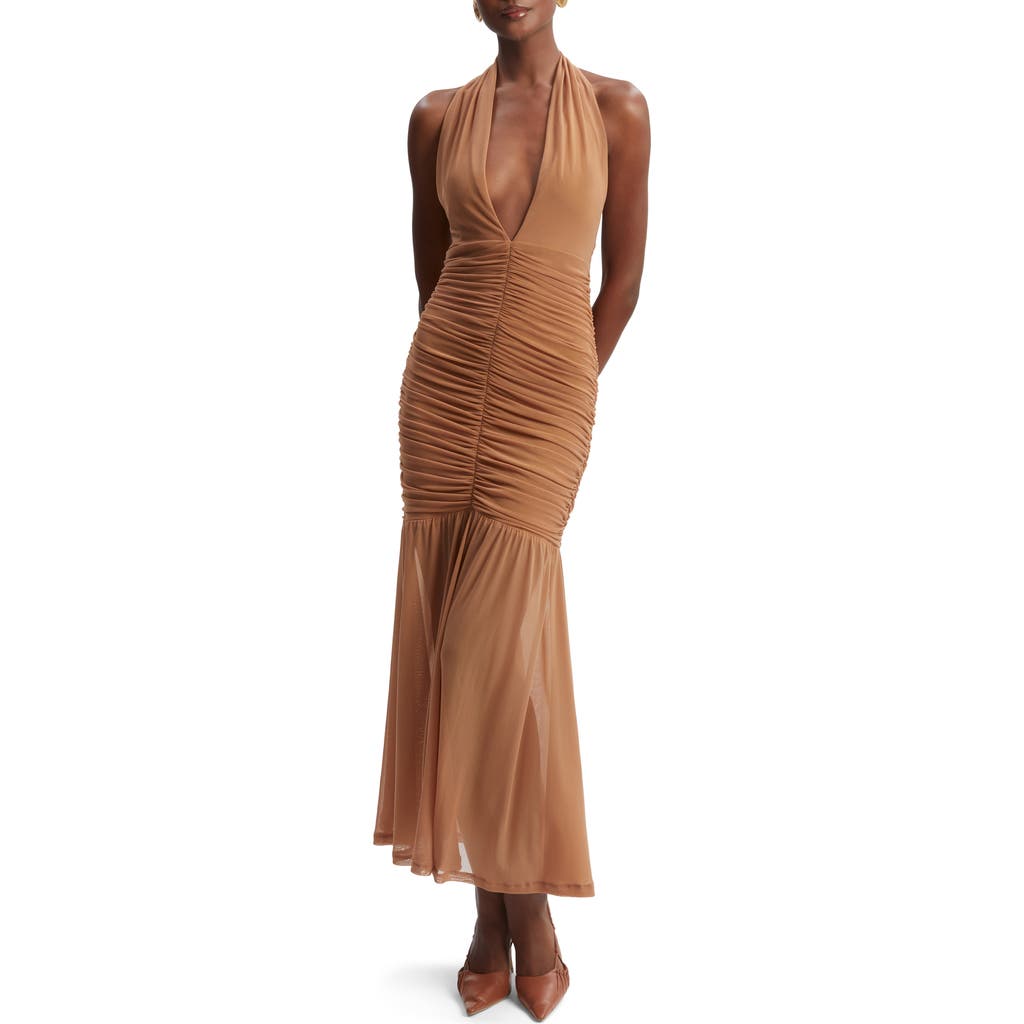 Bardot Sephera Halter Neck Mesh Midi Dress In Chestnut