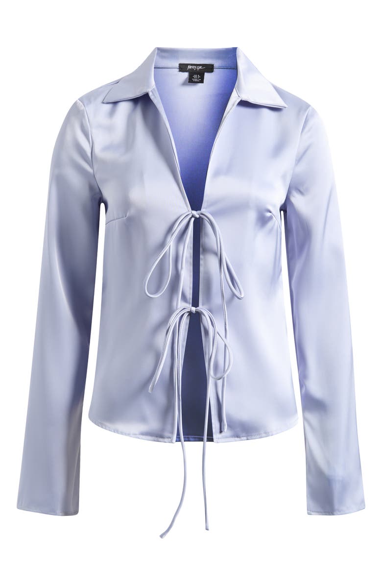 NASTY GAL Long Sleeve Tie Front Satin Shirt, Alternate, color, Blue