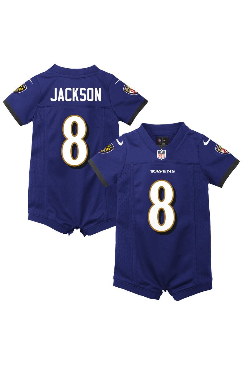 Newborn Nike Lamar Jackson Purple Baltimore Ravens Romper Game Jersey, Main, color, Purple