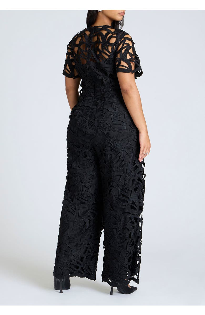 ELOQUII Short-Sleeve Lace Jumpsuit, Alternate, color, Black Onyx