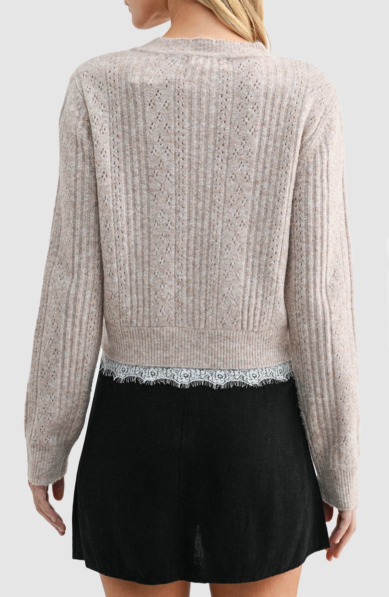 All in Favor Lace Trim Pointelle Cardigan, Alternate, color, Taupe