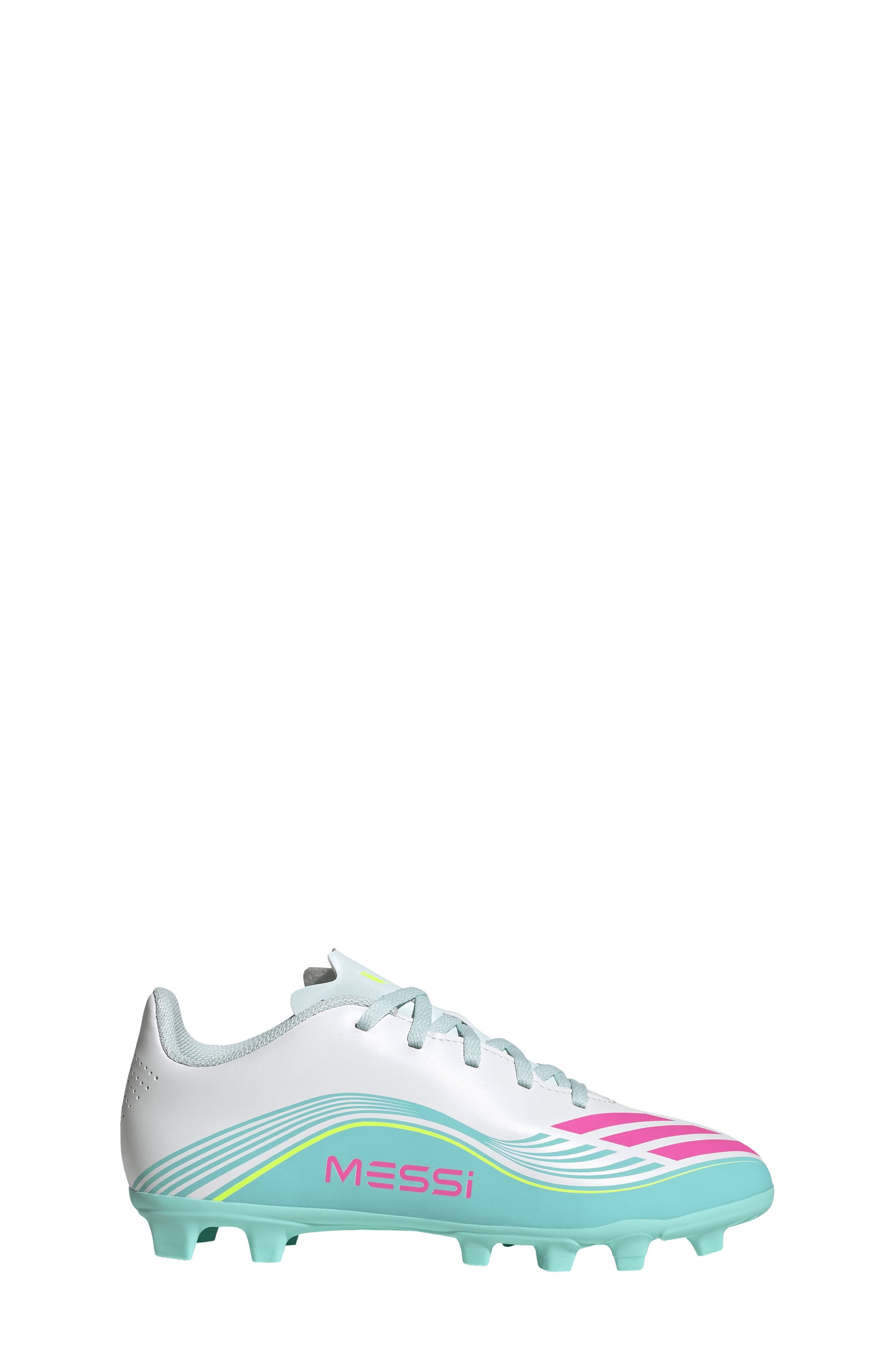 adidas Kids' F50 Messi Club Soccer Cleat, Alternate, color, White/ Lucid Pink/ Aqua