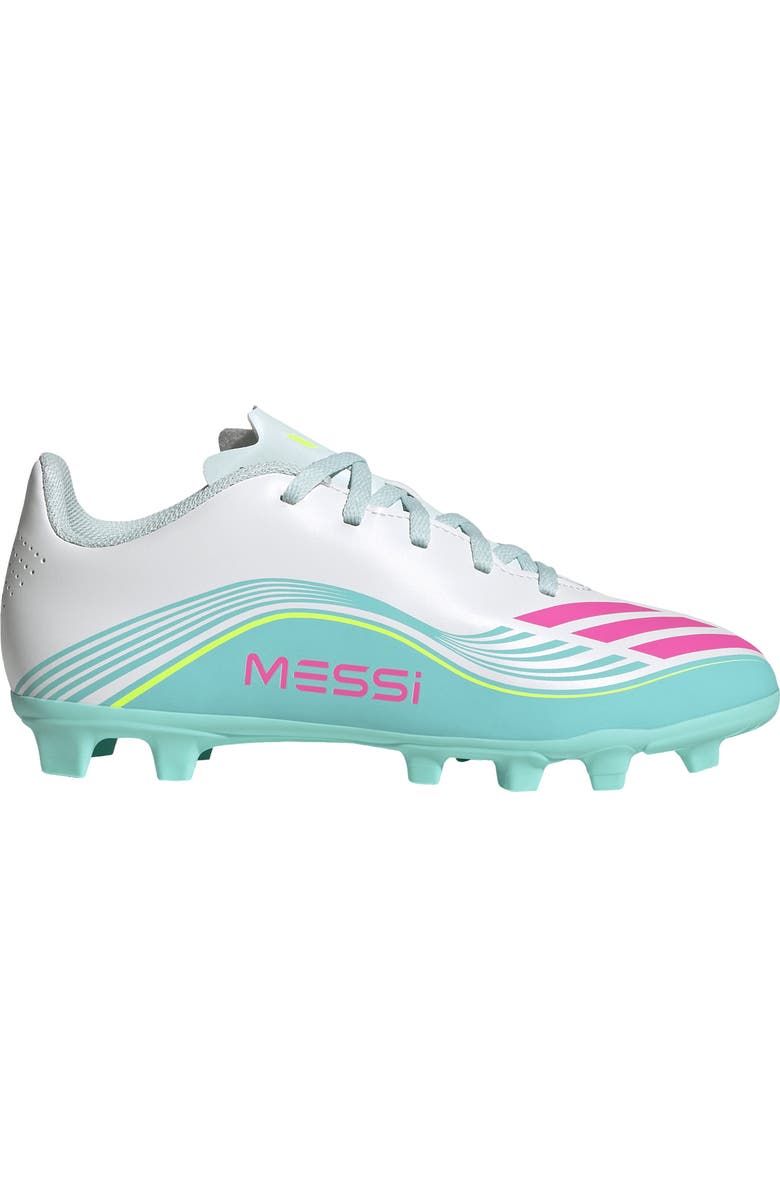 adidas Kids' F50 Messi Club Soccer Cleat, Alternate, color, White/ Lucid Pink/ Aqua