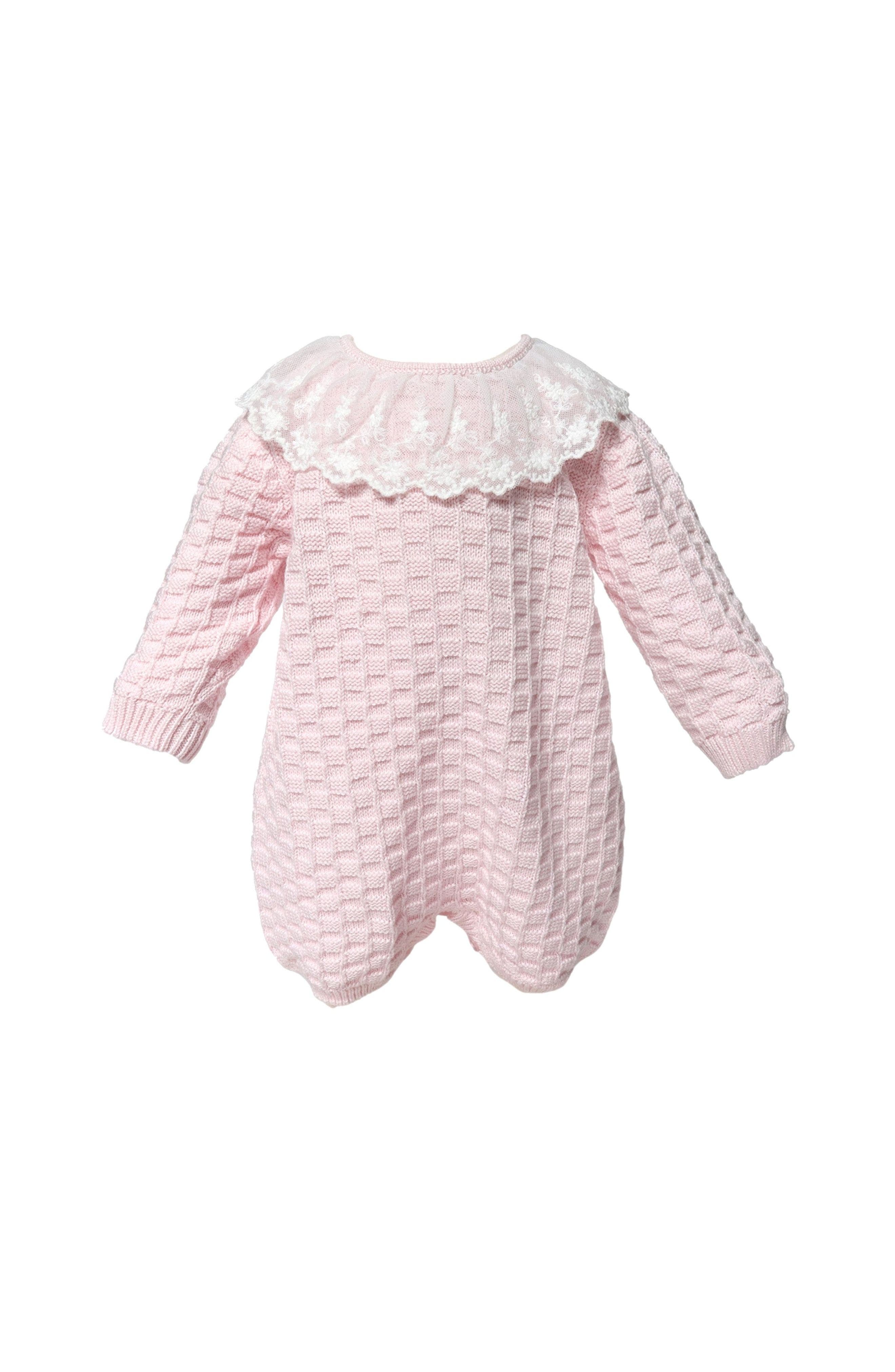 Cuclie Baby Baby Girl Basketweave Knit Romper with Lace Collar Pink ...
