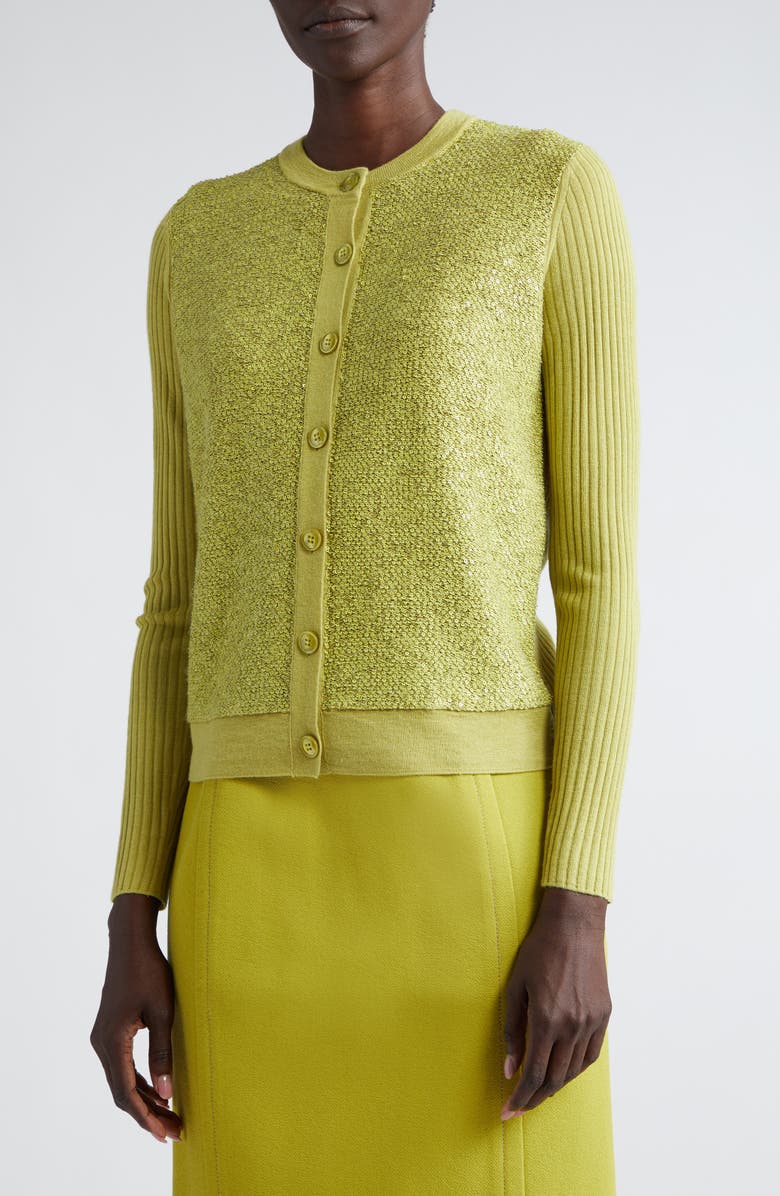 St. John Evening Sequin Rib Wool & Silk Blend Cardigan, Alternate, color, 