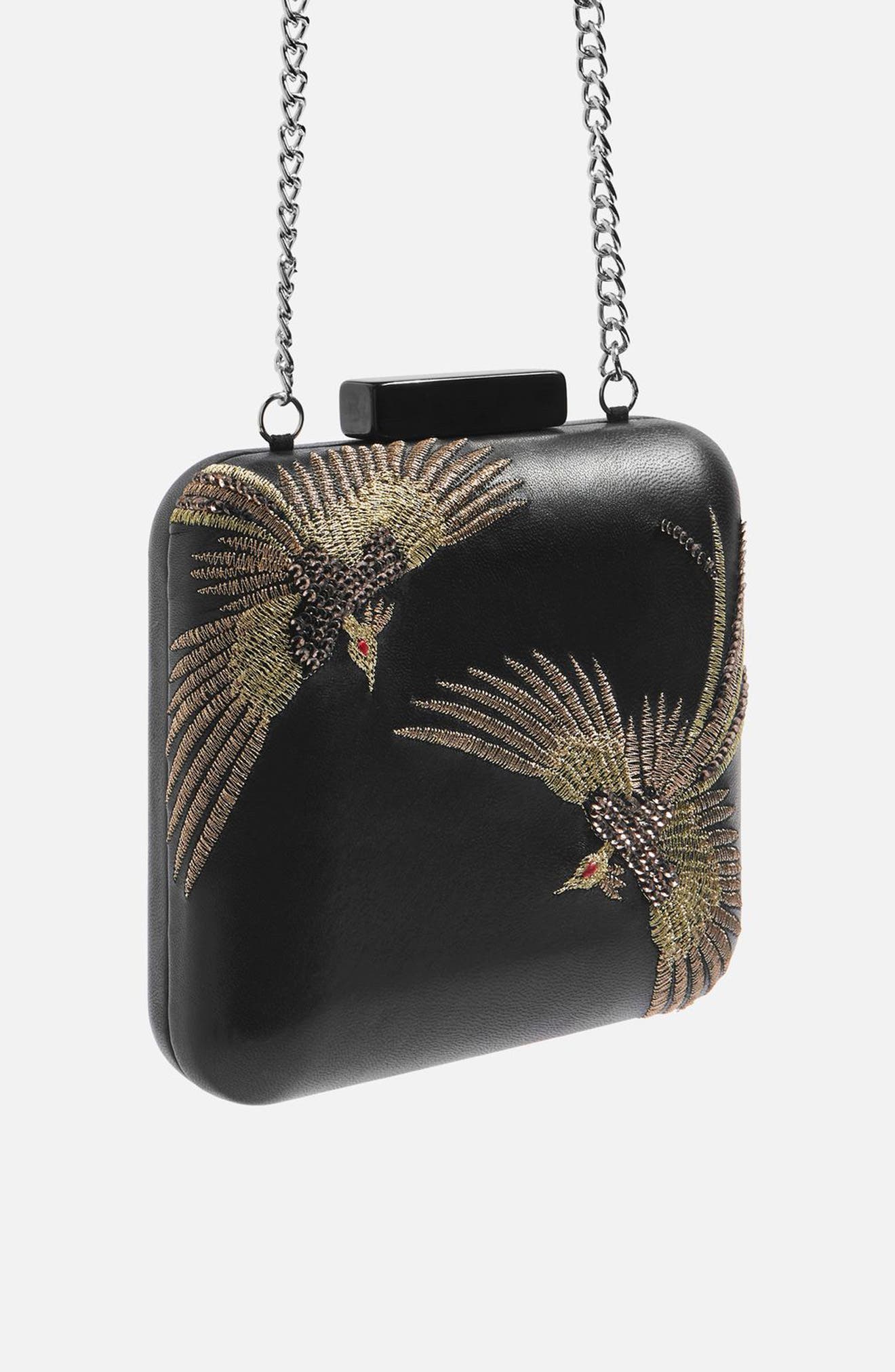 Topshop Embroidered Bird Boxy Leather Crossbody Bag, Main, color, 