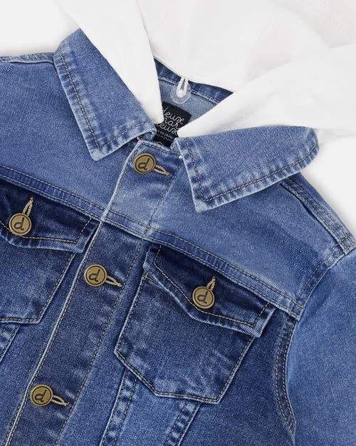 Deux Par Deux Little Boy's Denim Jacket With French Terry Hood White And Denim Blue In White And Denim Blue