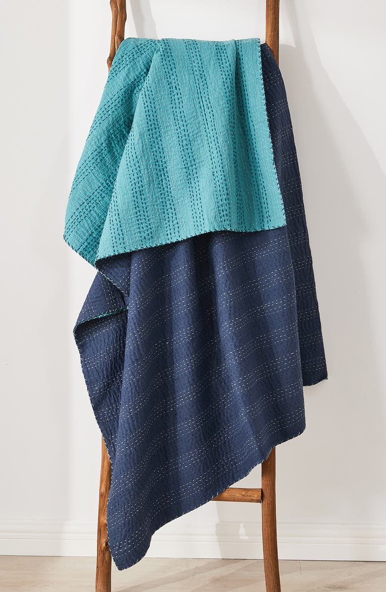 MELANGE HOME Kantha Reversible Cotton Throw Blanket, Alternate, color, Navy And Teal