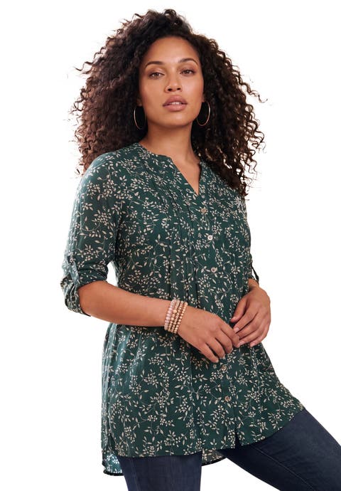 Pintuck Tunic Blouse Y-Neck & Roll-Tab Sleeves