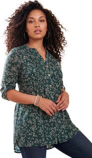 Roaman's Pintuck Tunic Blouse Y-Neck & Roll-Tab Sleeves