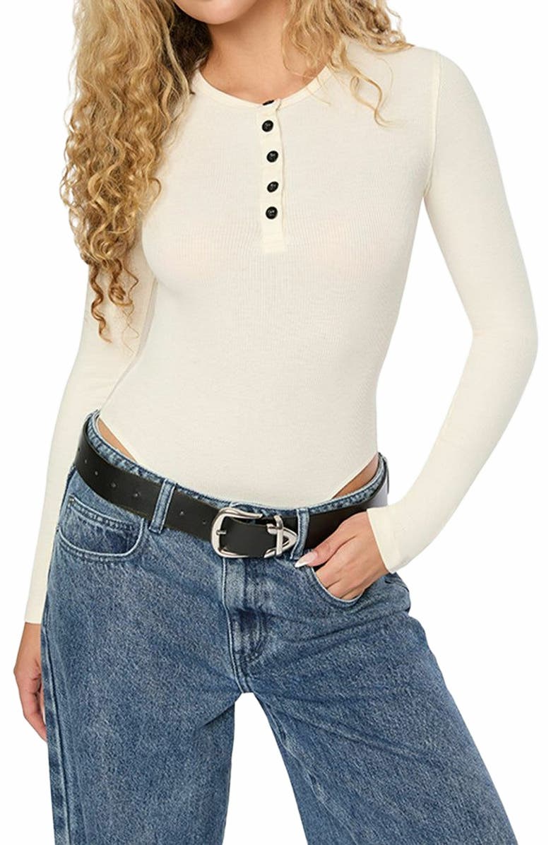 WeWoreWhat Crew Neck Henley Bodysuit, Alternate, color, Ivory