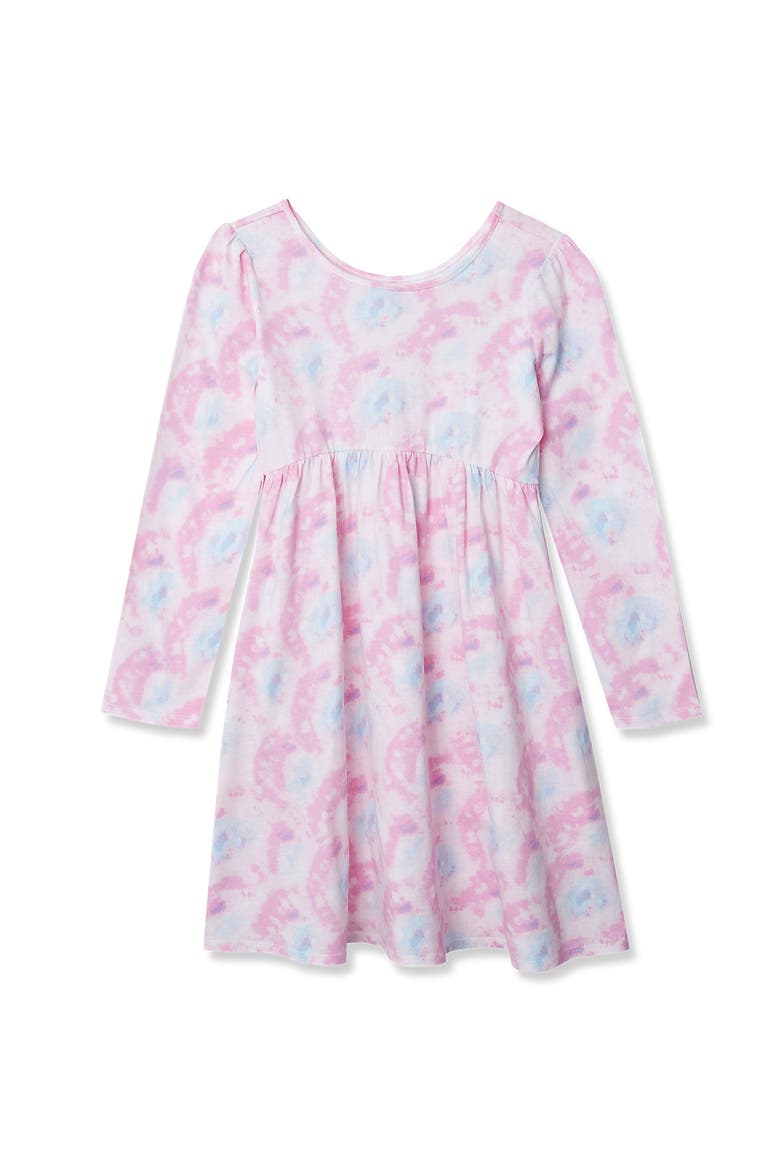 Girls Long Sleeve Gathered Waist Jersey Dress, Main, color, Pink Watercolor Rainbow