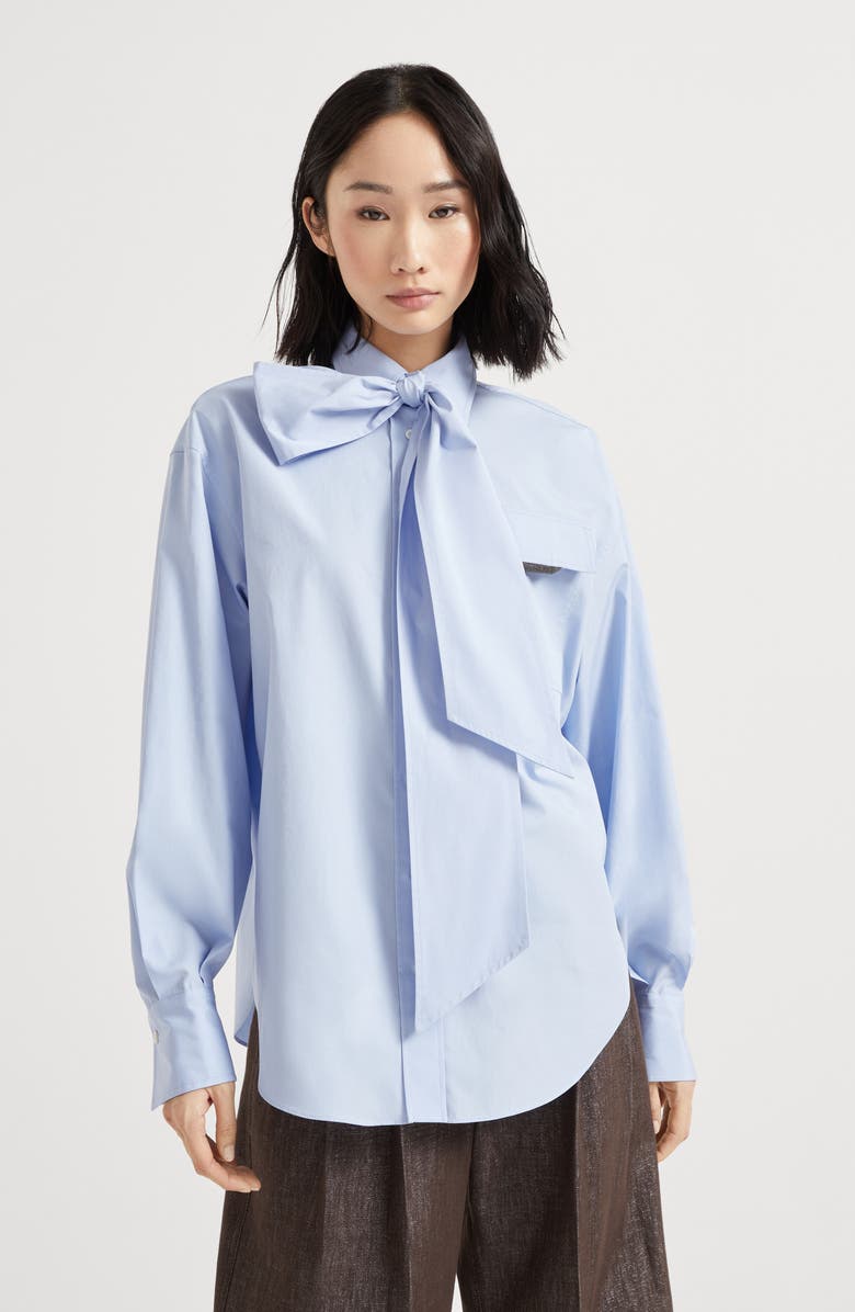 Brunello Cucinelli Poplin shirt with lavallière, Alternate, color, Sky Blue