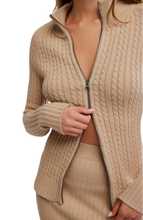 Free People Eliza Cable Zip-up Cardigan & Rib Miniskirt Set In Brown