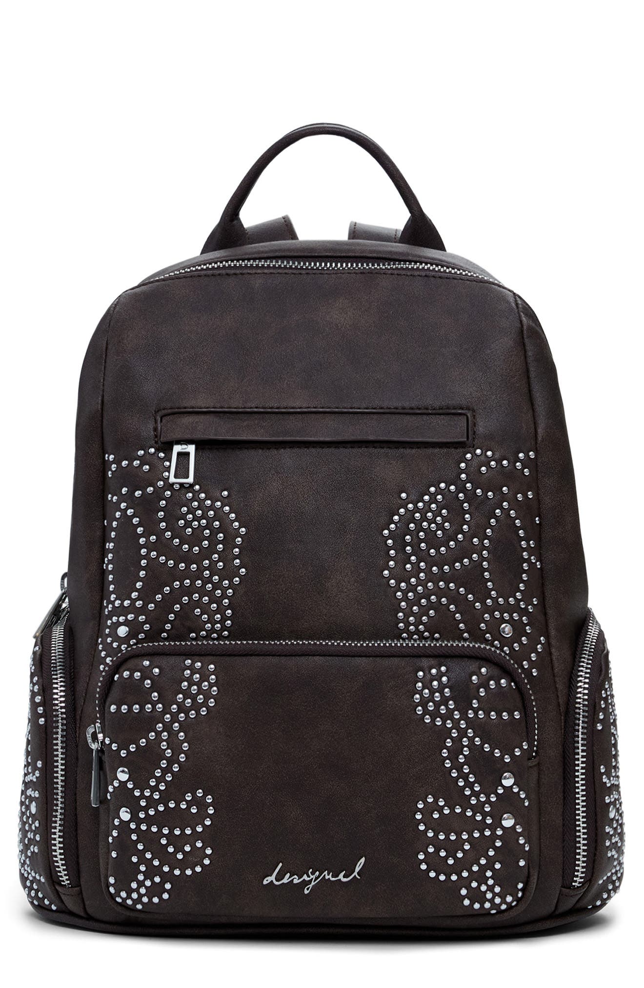 Desigual Studded Mini Backpack, Main, color, Dark Brown