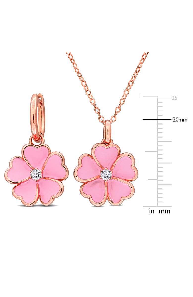 DELMAR White Topaz & Enamel Flower Drop Earrings & Necklace Set, Alternate, color, Pink