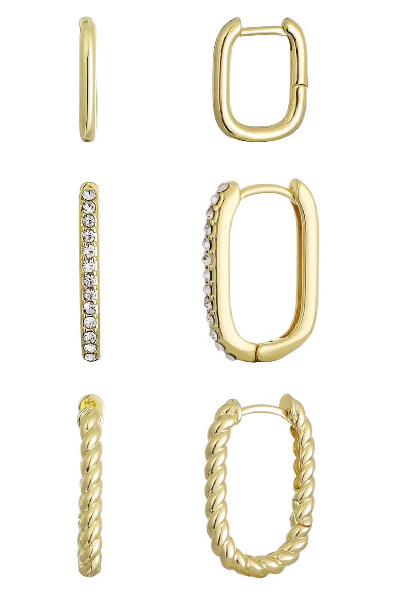 Set of 3 Rectangular Huggie Hoop Earrings, Main, color, GOLD