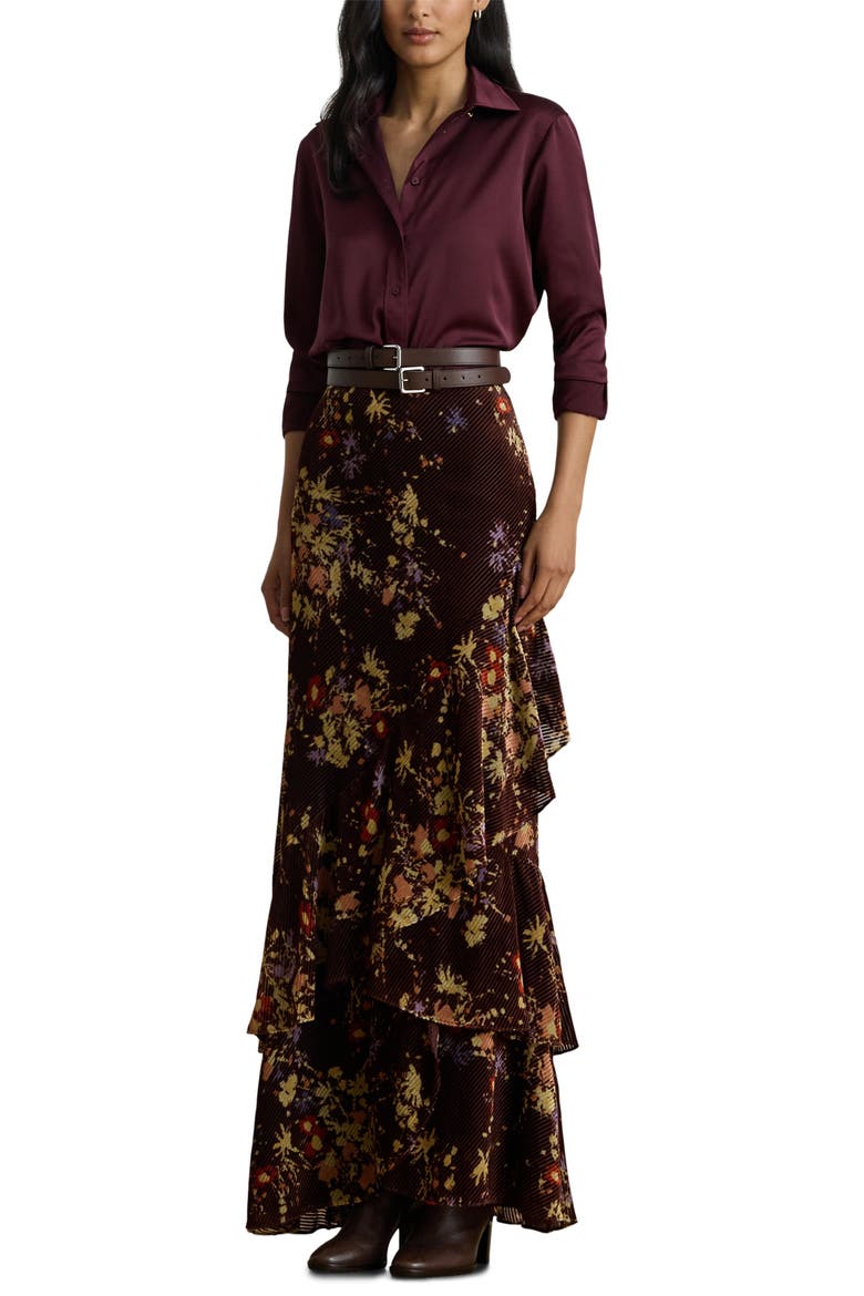 Tiered Floral Velvet Burnout Maxi Skirt, Alternate, color, BROWN/ CREAM/ LAVENDER
