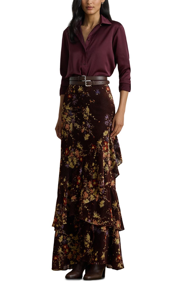 Lauren Ralph Lauren Tiered Floral Velvet Burnout Maxi Skirt, Alternate, color, Brown/ Cream/ Lavender