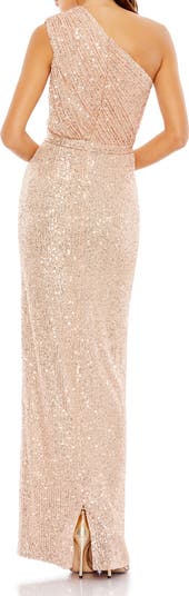Sequined Ruched One Shoulder Gown