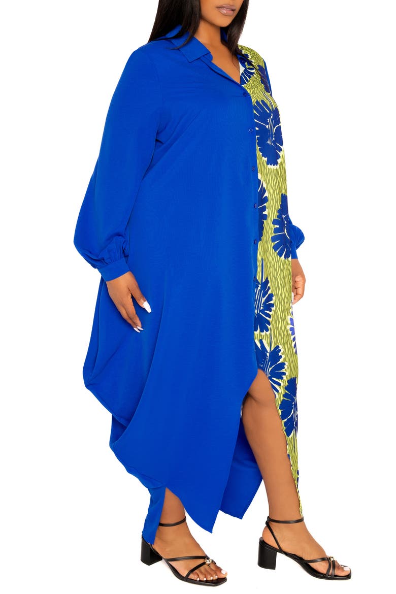 Solid & Print Long Sleeve Asymmetric Maxi Shirtdress, Alternate, color, BLUE MULTI