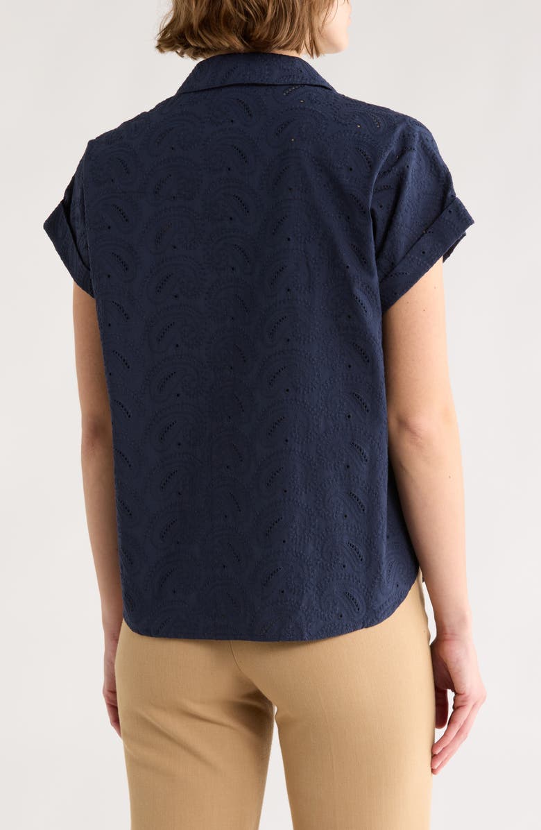 Brooks Brothers Paisley Eyelet Cotton Poplin Camp Shirt, Alternate, color, Navy Blazer