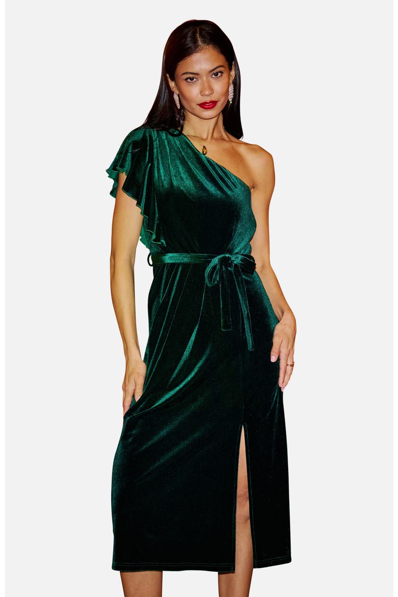 Velvet Frill One Shoulder Midi Dress, Main, color, Green