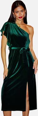 Yumi Velvet Frill One Shoulder Midi Dress
