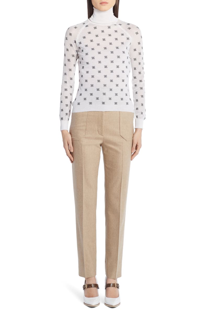 Fendi Logo Embroidered Mesh Sleeve Wool, Silk & Cashmere Sweater, Alternate, color, 