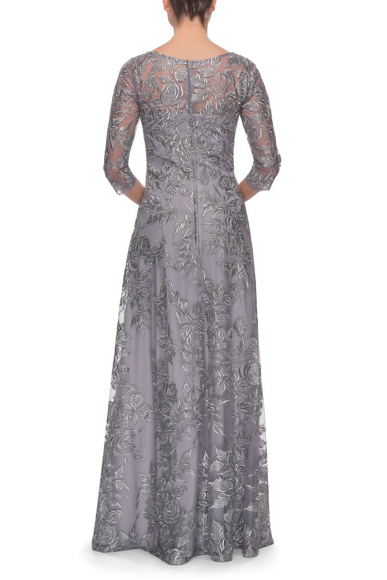 Floral Embroidered Mesh A-Line Gown, Alternate, color, SILVER