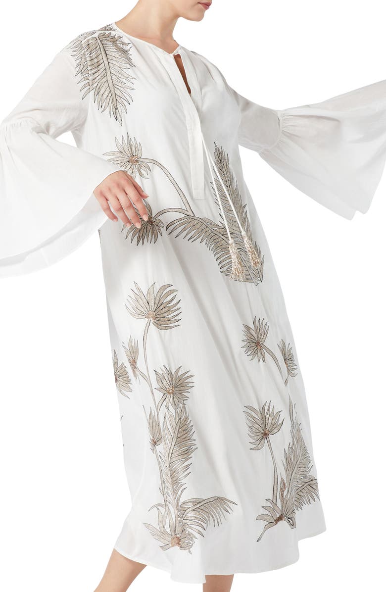 Marina Rinaldi York Metallic Floral Crystal Detail Long Sleeve Cotton Dress, Alternate, color, Optical White