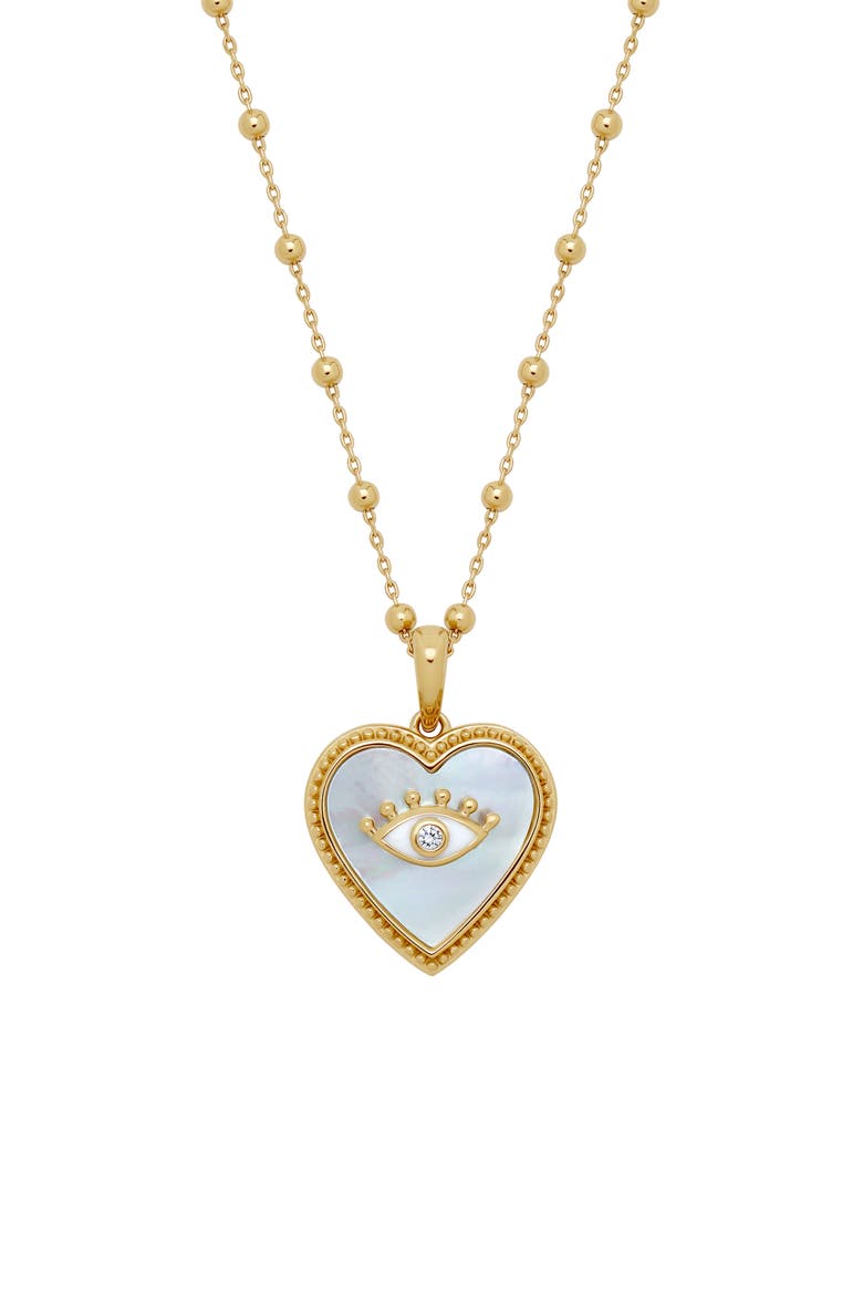 Nurturing Energy White Mother of Pearl Heart & Evil Eye Gold Necklace, Main, color, Gold/White