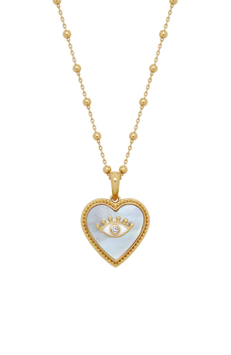 Karma and Luck Nurturing Energy White Mother of Pearl Heart & Evil Eye Gold Necklace, Main, color, Gold/White