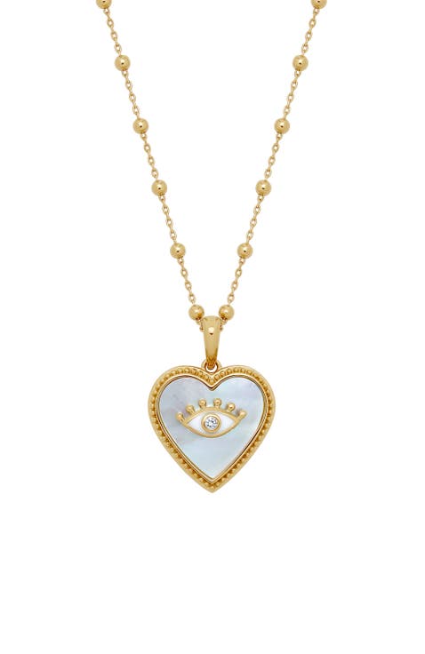Nurturing Energy White Mother of Pearl Heart & Evil Eye Gold Necklace