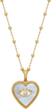 Karma and Luck Nurturing Energy White Mother of Pearl Heart & Evil Eye Gold Necklace