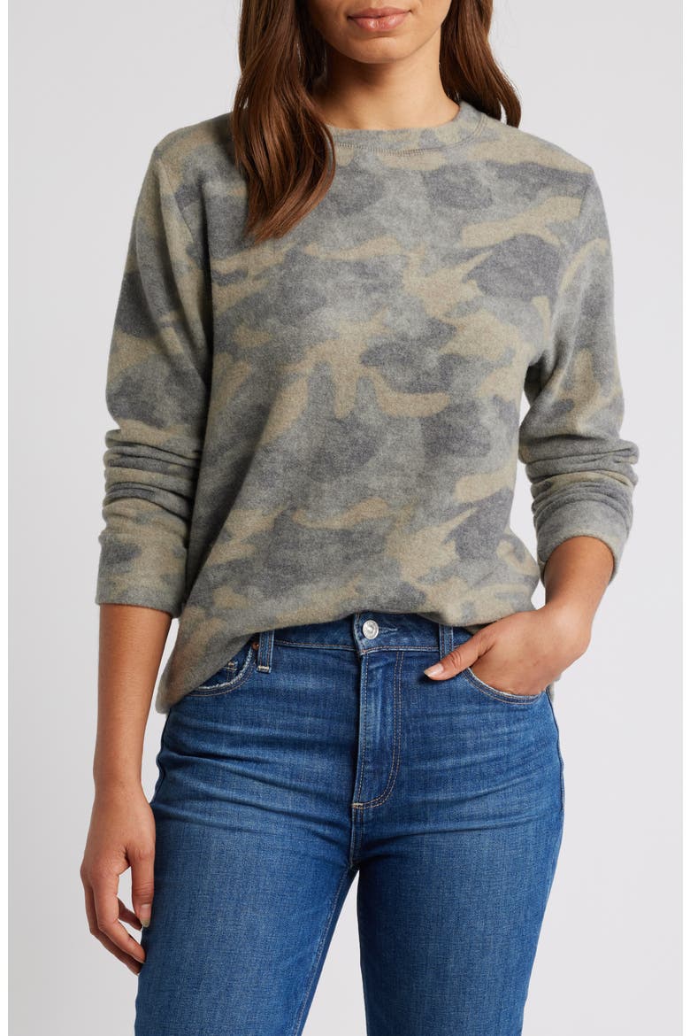 Camo Print Brushed Long Sleeve Top, Main, color, GREEN CAMO