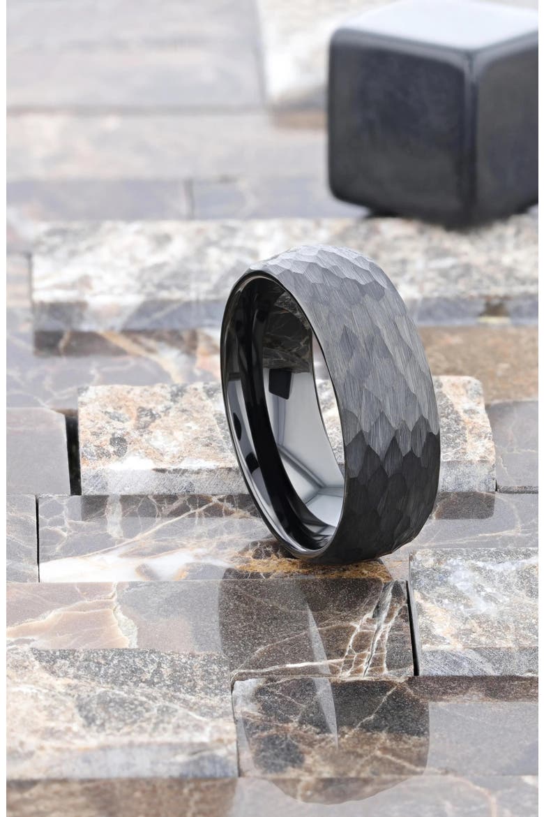 RENEGADE Domed Hammered Black Tungsten Carbide Brushed Wedding Band, Alternate, color, Black 6mm