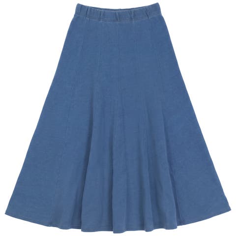 Denim Terry Vertical Panel Elastic Waist Midi Skirt