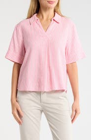 Caslon® Stripe Linen Blend Popover Top