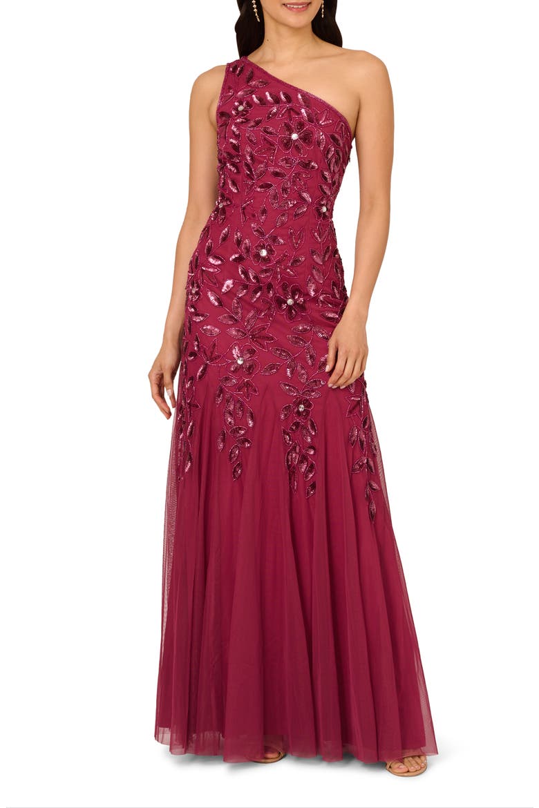Beaded Mesh One-Shoulder Gown, Main, color, SHIRAZ