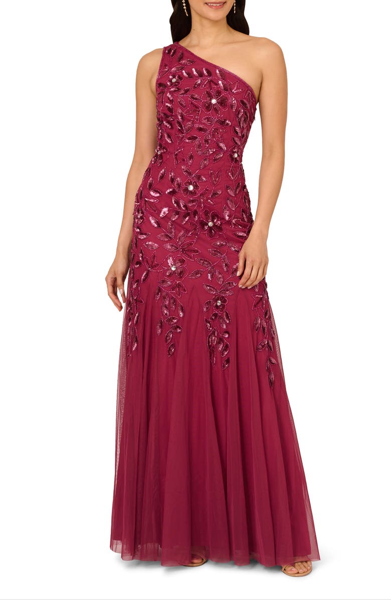 Adrianna Papell Beaded Mesh One-Shoulder Gown, Main, color, 