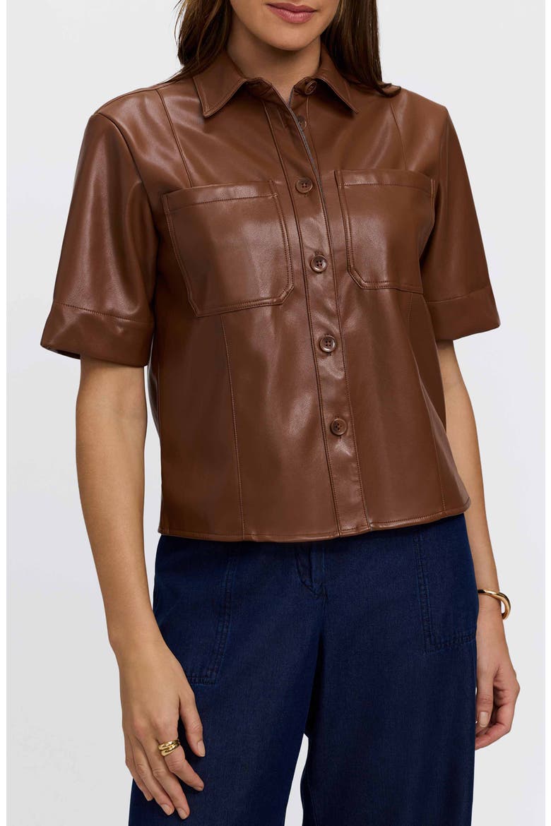 Demi Elbow Sleeve Faux Leather Button-Up Shirt, Main, color, MACCHIATO BROWN