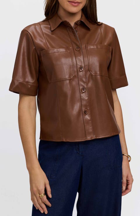 Demi Elbow Sleeve Faux Leather Button-Up Shirt