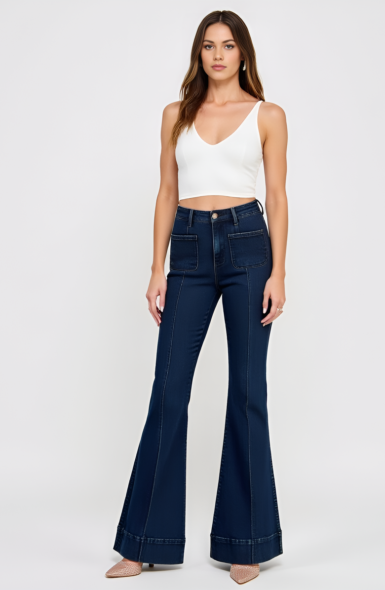 Modenaire High Waist Flare Jeans with Cuffed Hem and Front Patch Pockets, Alternate, color, Dark Wash Blue