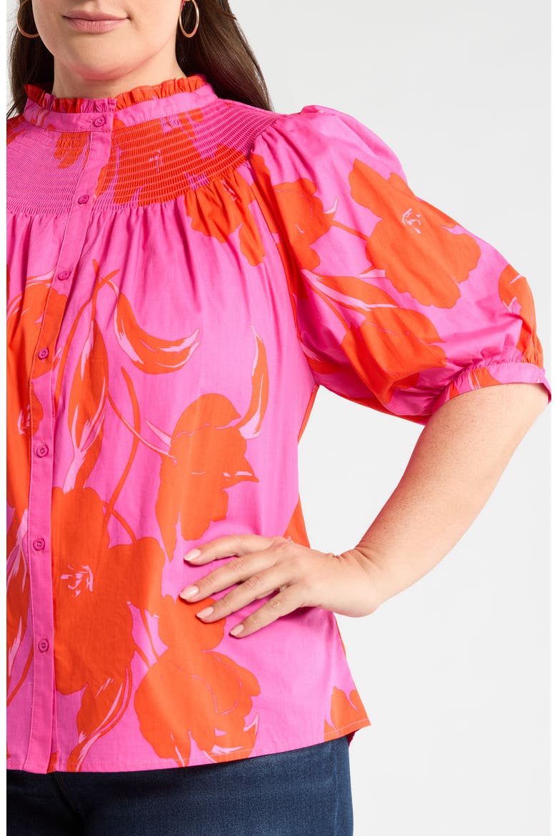 Aurea Floral Blossom Smocked Button-Up Top, Alternate, color, PINK RED MULTI