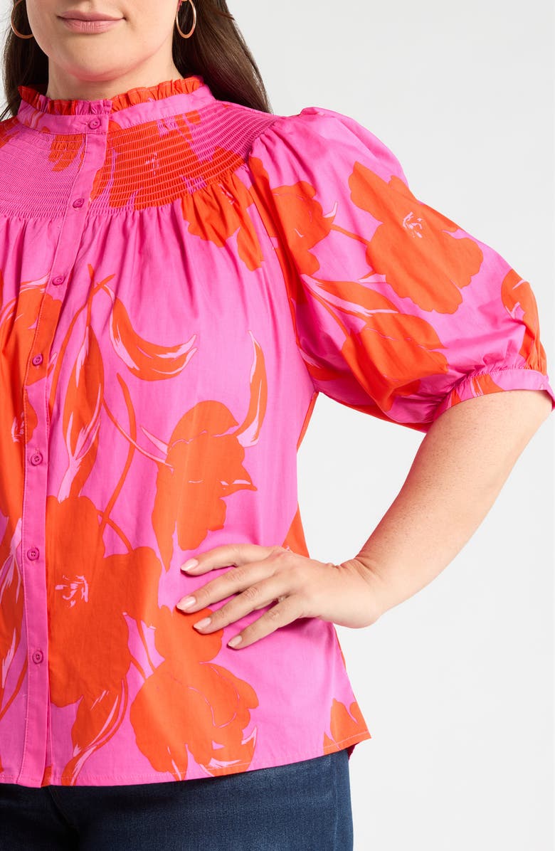 SUGARLIPS Aurea Floral Blossom Smocked Button-Up Top, Alternate, color, Pink Red Multi