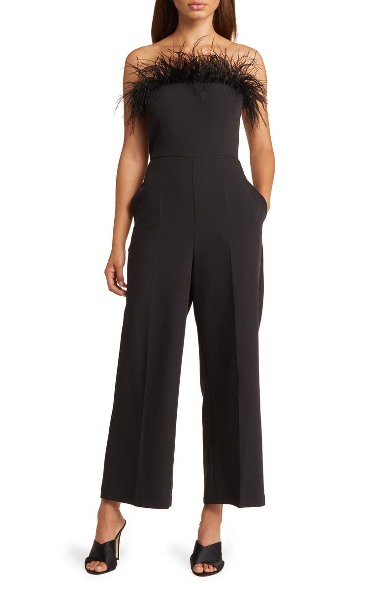 Sam Edelman Feather Trim Strapless Jumpsuit, Main, color, 