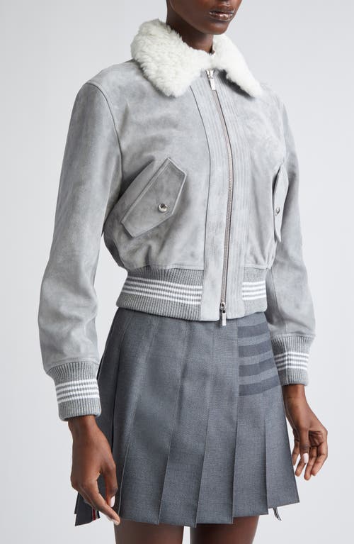 Thom Browne 4-bar Suede Crop Bomber Jacket With Genuine Shearling Collar In Gray