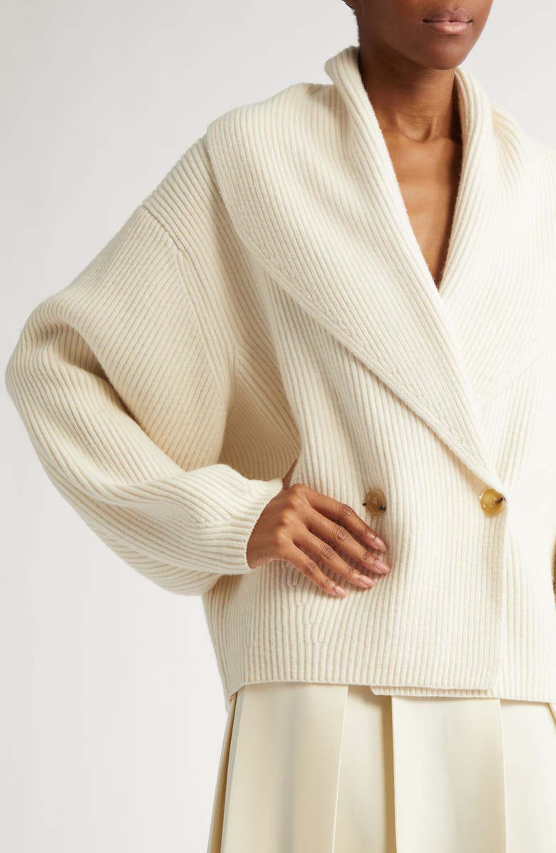 TOTEME Double Breasted Shawl Collar Wool Blend Rib Cardigan, Alternate, color, Milk
